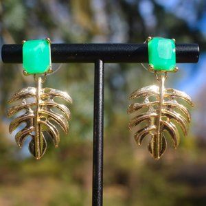 Gold Monstera Leaf Plant Dangle Drop Earrings